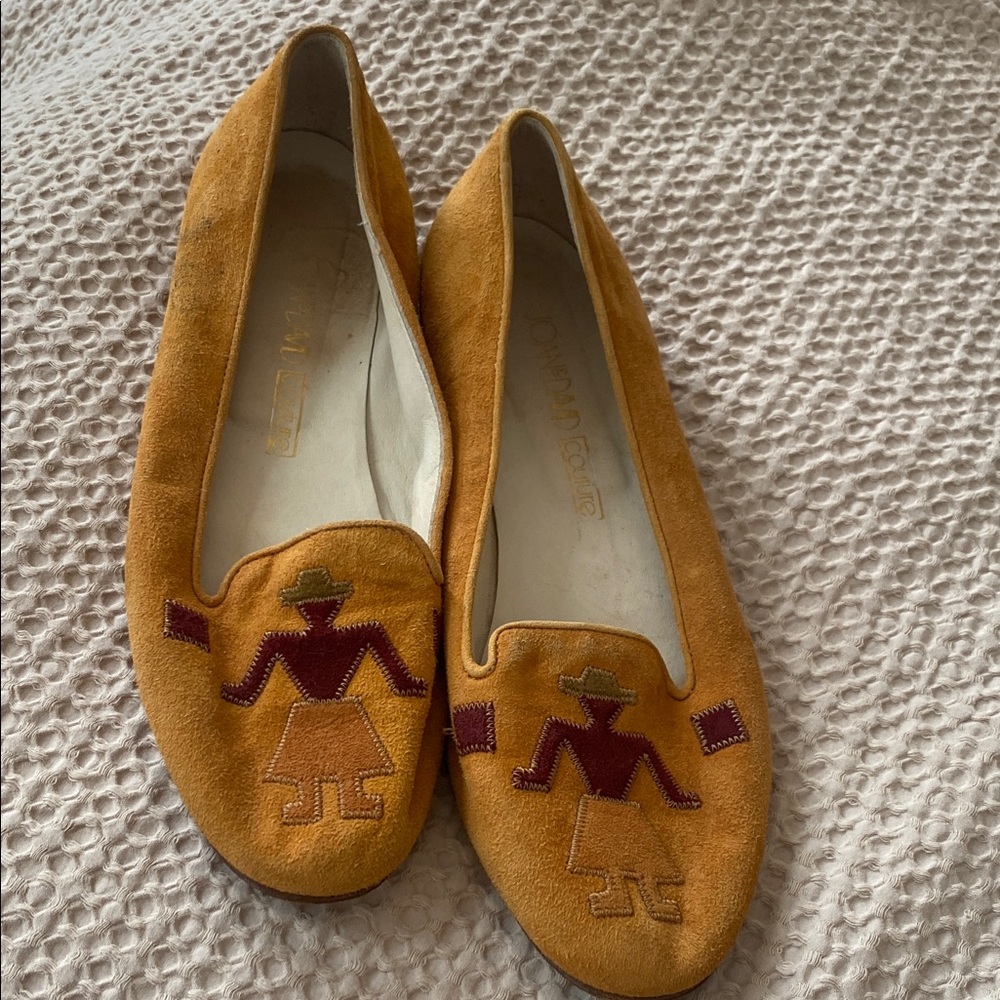 Joan & David Mustard Suede Loafers with Maroon Embroidery